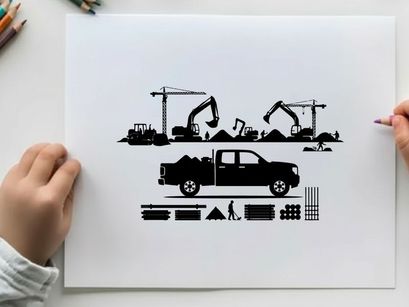 Construction site silhouette with truck and equipment