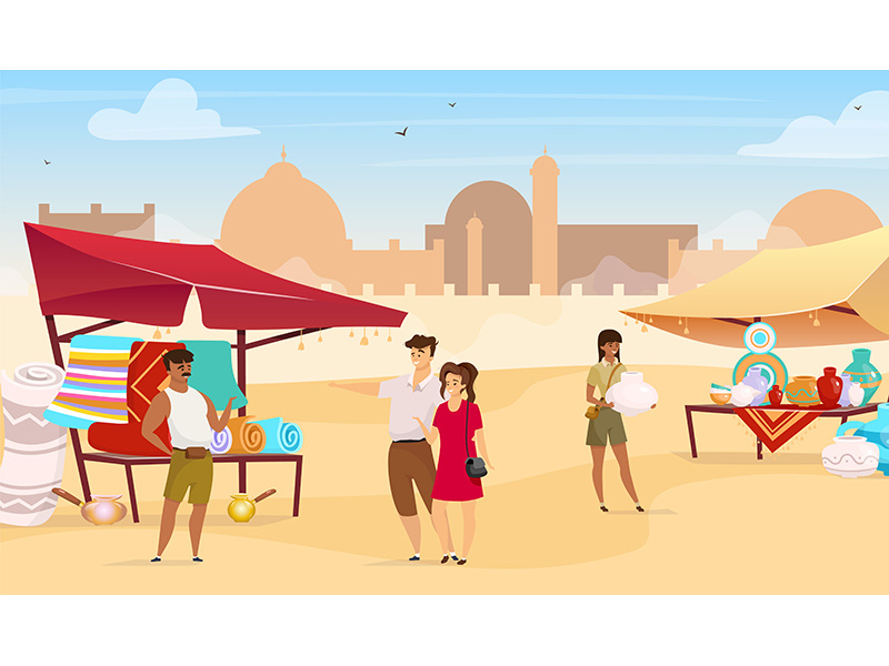 Tourists visiting egyptian bazaar flat color vector illustration
