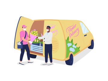 Courier gives customer flowers near delivery truck flat color vector detailed characters preview picture