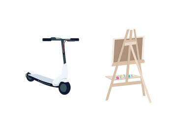 Easel and electric scooter flat color vector objects set preview picture