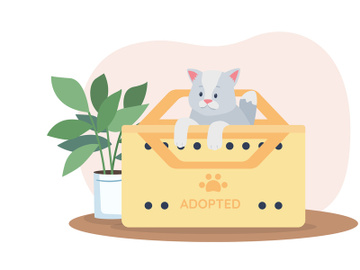 Adopting grey cat 2D vector web banner, poster preview picture