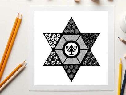 Star of david with menorah silhouette and floral patterns