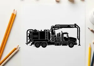 Silhouette of a large industrial vacuum truck with a crane
