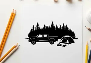Camping silhouette with truck and tent in forest