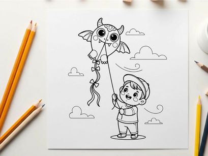 Child flying owl kite outdoor fun vector illustration