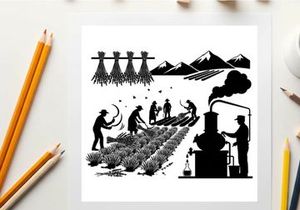 Silhouette of people working in a field with mountains and silhouette
