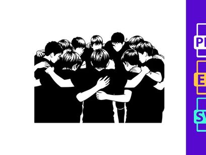 A group of young men in black shirts huddled together in a circle embracing