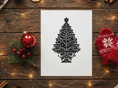 Black and white Christmas tree illustration with decorative ornaments and star topper.