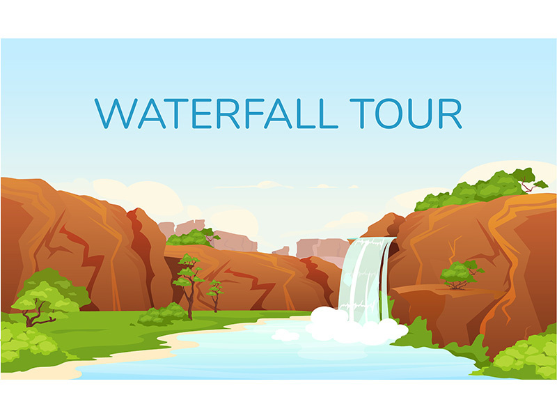 Waterfall tour banner flat vector template