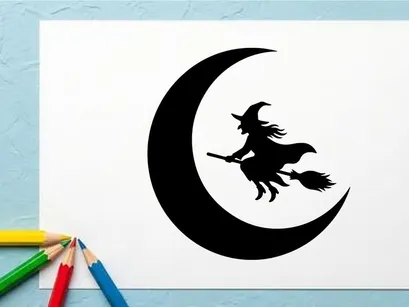 Silhouette of a witch flying on a broomstick against a crescent moon