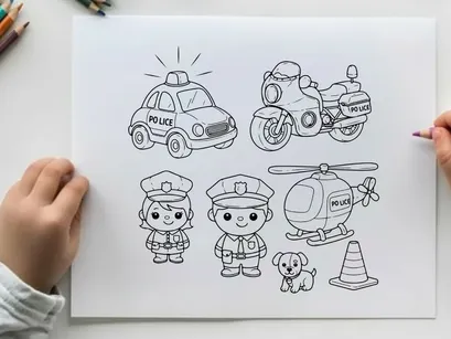 Police vehicles and officers cartoon vector illustration