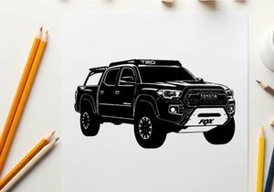Silhouette of a modern pickup truck with roof rack and bull bar silhouette