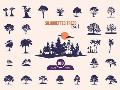 Silhouettes Trees Set, Pine Tree fir pruce cedar white patch alder elm birch ash cypress beech palm tree.