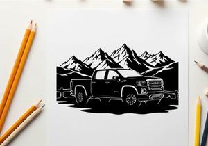 Silhouette of a pickup truck in front of mountains