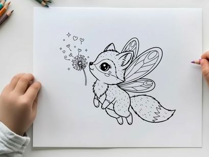 Cute white fox fairy with dandelion vector illustration
