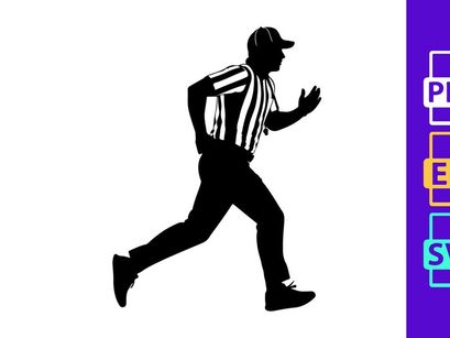 A black silhouette of a referee running in a dynamic motion on a white background