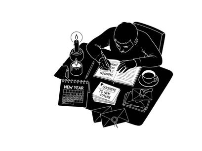 Silhouette of a man writing at a desk with new year's resolutions
