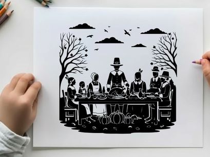 Thanksgiving dinner silhouette with family and pilgrims gathered