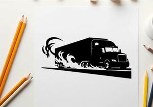 Black silhouette of a semi truck speeding down the road with flames