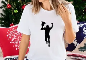 A triumphant athlete celebrating victory with a trophy