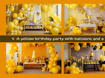 A yellow birthday party with balloons and a cake preview picture