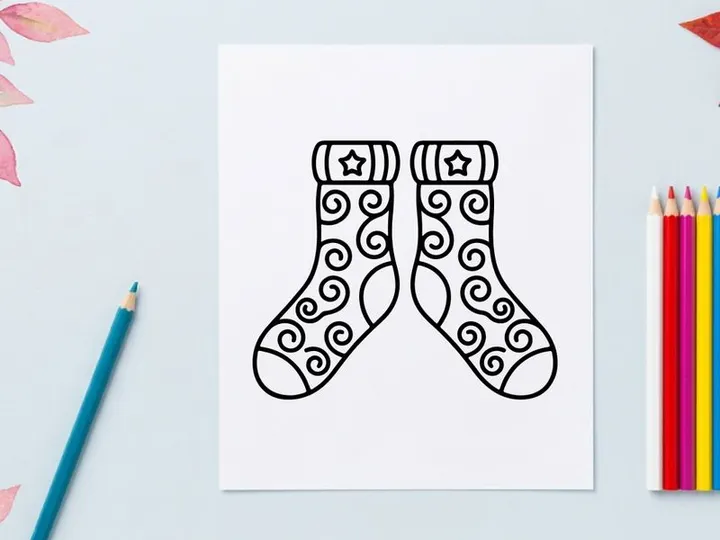 Calcetines navideños dibujados a mano con patrones festivos de espirales y números para decoración navideña