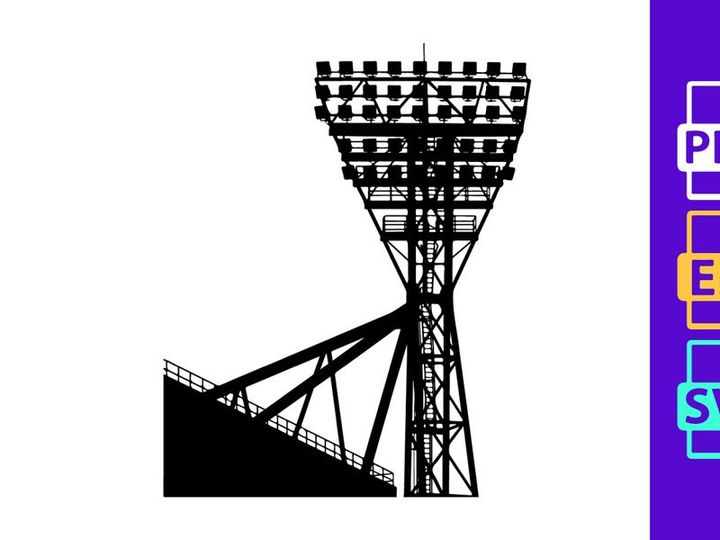 A large stadium light tower against a white sky background silhouette