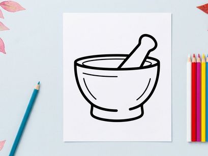 Mortar and pestle grinding herbs for natural remedies. Traditional apothecary tool for crushing spices and medicinal plants.