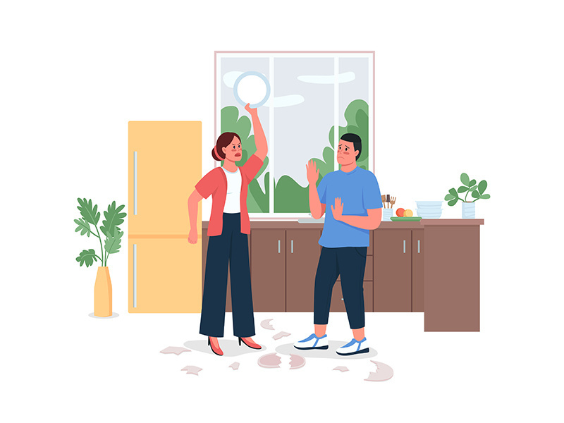 Couple arguing in kitchen flat color vector detailed character