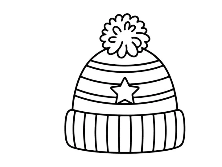 Topi beanie musim dingin dengan ikon bintang, ilustrasi vektor seni garis hitam putih.