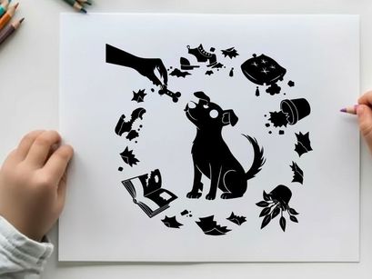 Silhouette of a dog surrounded by various objects circularly arranged