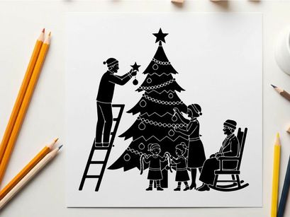 Family decorating christmas tree silhouette holiday scene with father on ladder