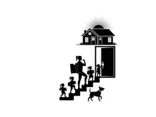 Silhouette of family leaving home for school and work