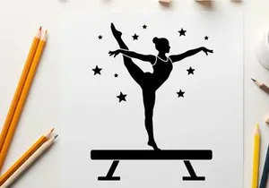Silhouette of gymnast on balance beam with stars