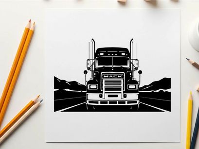 Mack truck silhouette on open road with mountains