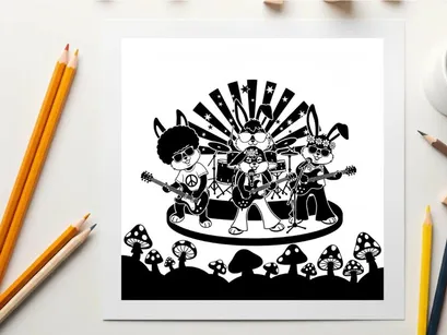 Silhouette illustration of cartoon band performing on stage with mushroom silhouettes