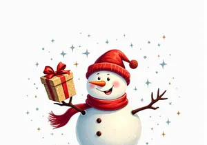 Cheerful snowman image. This fun image is being used for product uploads, and shows a snowman with a red hat and scarf holding a gift box.