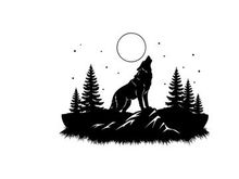 Wolf silhouette howls at full moon in forest silhouette