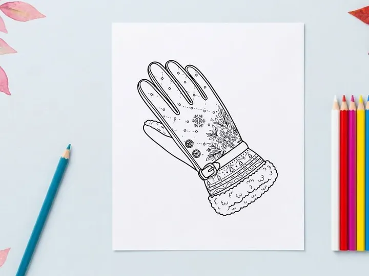 Winter glove line art illustration with snowflake pattern and fur cuff for Christmas design