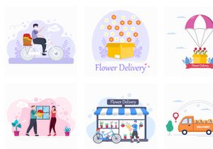 25 Flower Delivery Courier Service Online Vector Illustration
