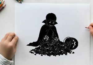 A silhouette of a cute vampire surrounded by candy and a pumpkin
