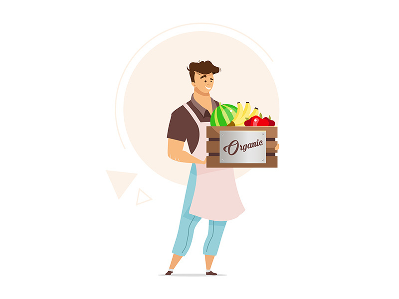 Man holding box of organic fruit flat color vector illustration