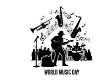 Ilustrasi vektor musisi bermain alat musik dengan not balok