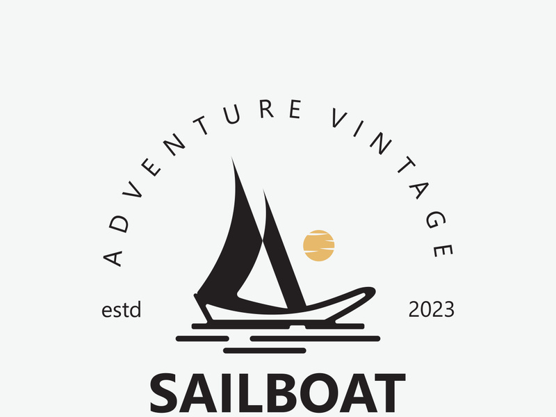Sailboat vintage logo minimalist with wave, travel yacth or sailing boat vector design template