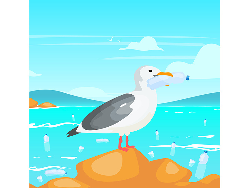 Seagull with plastic bottle flat vector illustration