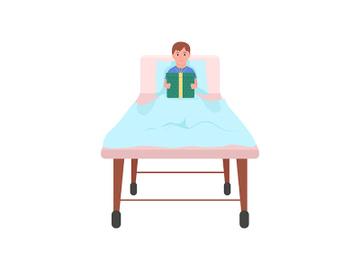 Happy child with gift in hospital bed flat color vector detailed character preview picture