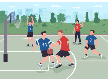 People playing basketball on street flat color vector illustration preview picture