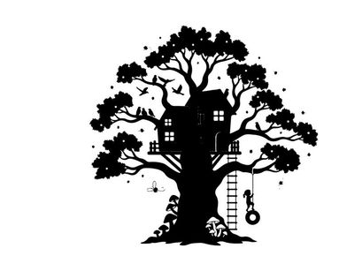 Whimsical treehouse silhouette with ladder and playful details