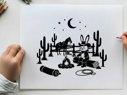 Desert night silhouette cowboy bunny by campfire under starry sky with silhouette