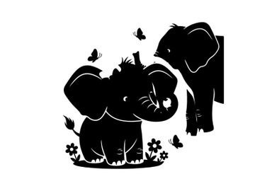 Silhouette of two elephants and butterflies in flowers preview picture